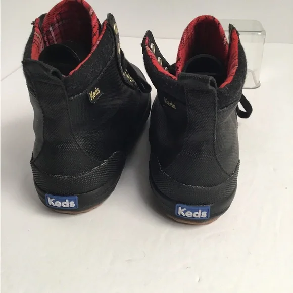 Keds Black Lace-Up High-Top Boots with Red Plaid Lining - Picture 9 of 11